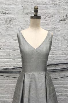 Pewter V neck Silk Shantung Ball Gown Dress | Etsy Elegant Silk V-neck Gown, V-neck Evening Dress With Pleated Back For Wedding, Elegant Formal V-neck Dress With Pleated Bodice, Elegant Fitted Dress With Princess Seams, Classic Silk Evening Dress For Weddings, Classic Silk Evening Dress For Cocktail, Wedding Evening Dress With Pleated Back And V-neck, Classic Silk Cocktail Evening Dress, Silk Fitted V-neck Dress For Wedding