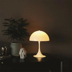 a white lamp sitting on top of a wooden table next to a potted plant