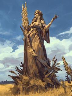 a digital painting of a woman standing in a wheat field with her hands out to the sky