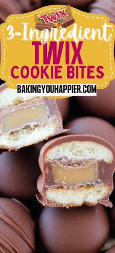 three ingredient twix cookie bites stacked on top of each other with text overlay