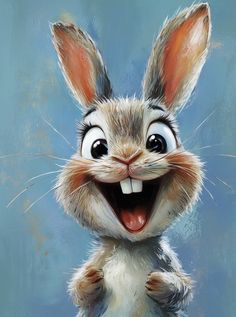 a painting of a rabbit with its mouth open and eyes wide open, making it look like he's smiling