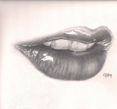 a pencil drawing of a woman's lips with shiny lipstick on the bottom and side