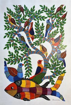 a painting of birds sitting on the branches of a tree with leaves around it,