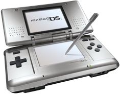 an old nintendo ds game system with a pen in it's holder and screen