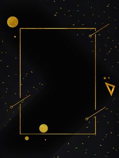 a black and gold background with confetti, stars and a rectangle frame