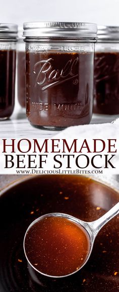 homemade brown stock in a pot and spoon with text overlay that reads homemade brown stock