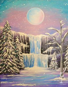 an acrylic painting of a waterfall and trees in the snow with a full moon