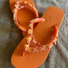 Havaianas Hand Beaded One-Of-Kind Flip Flops That Sparkle In The Sun. Size 7/8 These Lovely Orange Sandals Feature Beads Of Lighter Orange And Coral. These Are New (Never Worn). Adjustable Embellished Flip Flops For Summer, Casual Beaded Flip Flops For Vacation, Casual Beaded Flip Flops For Summer, Beaded Flip Flops For Spring Beach, Adjustable Beaded Flip Flops For Vacation, Adjustable Embellished Flip Flops For Vacation, Spring Beach Flip Flops With Beads, Spring Beach Beaded Flip Flops, Embellished Flip Flops With Round Toe For Beach