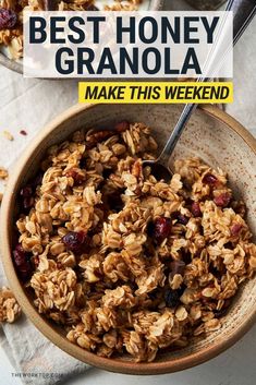 a bowl filled with granola on top of a table