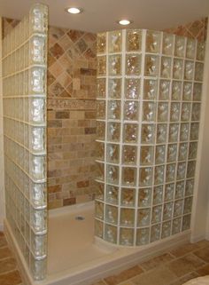 a walk in shower with glass blocks on the wall behind it and a toilet next to it