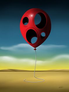 a red balloon with holes in it floating on a string over a desert plain under a cloudy blue sky