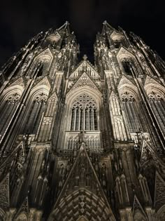 the large cathedral is lit up at night