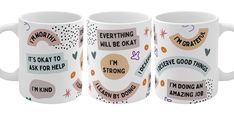 three coffee mugs with words on them