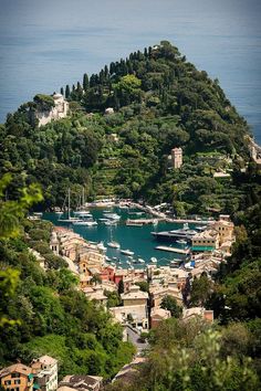 an island with many boats in the water