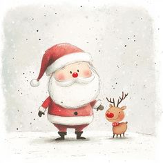 a santa clause standing next to a reindeer in the snow with his hand on it's nose