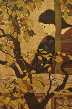 a painting of a woman sitting on a bench next to a tree with yellow leaves