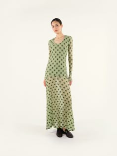 JOLLI - Long sleeve fitted dress Full-length Spring Dresses With Side Slits, Full Length Dresses With Side Slits For Spring, Long Sleeve Maxi Dress With Side Slits, Fitted Green Maxi Dress, Long Sleeve Fitted Maxi Dress With Side Slits, Green Fitted Maxi Dress, Fitted Green Chiffon Maxi Dress, Fitted Maxi Dress With Side Slits, Green Long Sleeve Maxi Dress With Side Slits