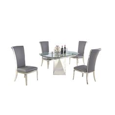 a glass dining table with four chairs and bottles on the top, in front of a white background