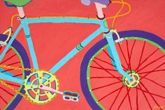 a painting of a blue bicycle on a pink background with yellow spokes and chain links