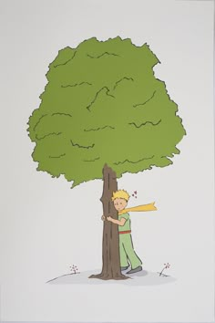 a drawing of a boy leaning on a tree with an arrow in his hand,