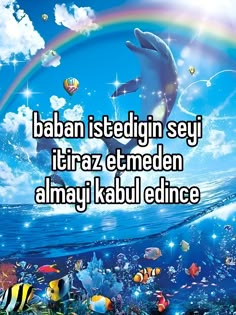 a dolphin swimming in the ocean under a rainbow colored sky with words that read, baban istedgin seyi tiraz embeden al amameden almaay kabul ednce