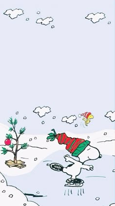 a charlie brown christmas card with snoop on skateboard in the snow, and an apple tree