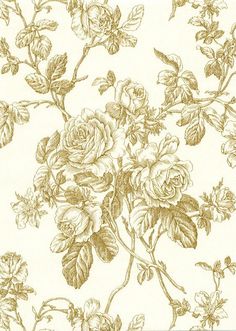 a drawing of roses and leaves on a white wallpaper with gold foiled edges