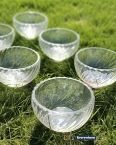 five clear glass bowls sitting in the grass