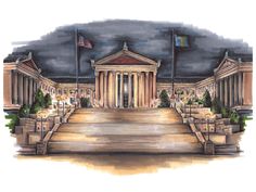 an artistic painting of a building with columns and flags on the front entrance to it