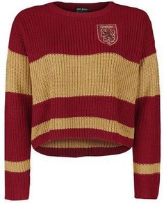 a women's sweater with stripes and a crest on the chest, in red