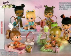 there are many dolls and toys on the table with each one's own handbag