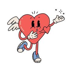 a cartoon heart with wings and eyes, holding his hands up in the air while running