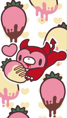 a cartoon character flying through the air with lots of strawberrys in front of him