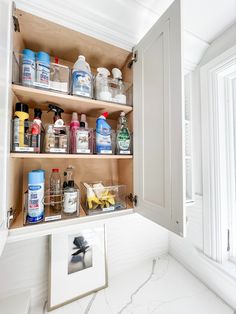 Two images of the inside of cabinets in a laundry room showing cleaning supplies organized in clear containers. Inside Of Cabinets, Organizing Cleaning Supplies, Narrow Pantry, Food Storage Pantry, Pantry Organization Ideas, Pantry Bin, Storage Pantry, Cleaning Supplies Organization, Reach In Closet