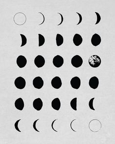 the phases of the moon are shown in black and white