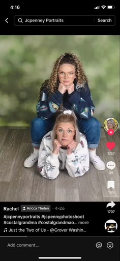 two women sitting on the floor in front of each other with their hands behind their heads