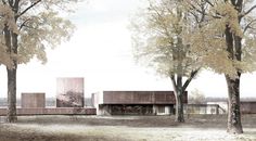 an artist's rendering of a building surrounded by trees in the middle of a field