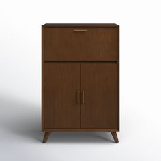 a wooden cabinet with two doors on one side and an open drawer on the other