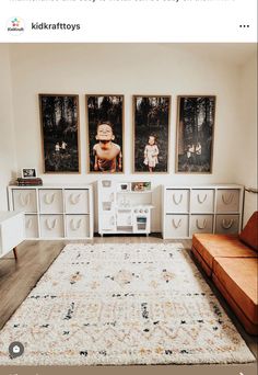 a living room filled with lots of furniture and pictures on the wall above it's couch