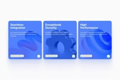 three blue business cards with the words seamless, exceptional and high performance on them