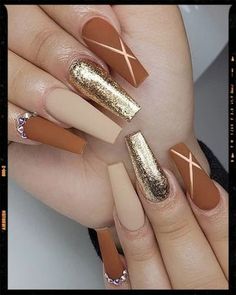 Autumn Nails - Coffin Nails - Acrylic Nails Fall Acrylic Nails Autumn, Fall Acrylic Nails Autumn Coffin, Long Coffin Nail Ideas, Acrylic Nails Autumn, Autumn Nails Acrylic, Coffin Nail Ideas, Golden Nail Art, Fall Acrylic, Brown Acrylic Nails