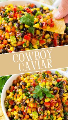 a bowl filled with black beans, corn and cilantros next to a tortilla chip