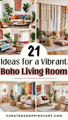 the living room is decorated in bright colors and has lots of hanging plants on the wall