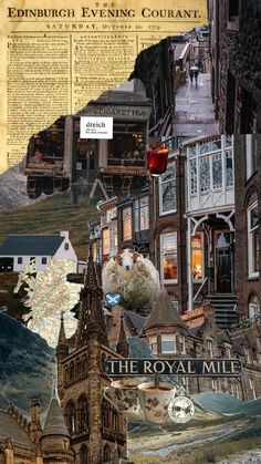 an image of the royal mile collage with buildings and sheep on it's back