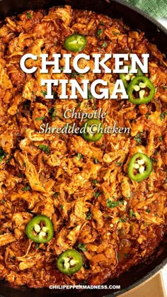 chicken tinga shredded in a skillet with green peppers and jalapenos