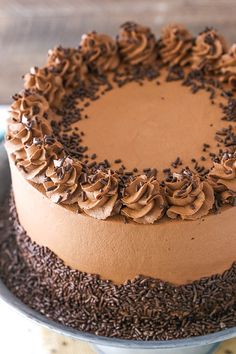 a cake with chocolate frosting and sprinkles on top sitting on a plate