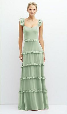 Tiered Chiffon Maxi A-line Bridesmaid Dress With Convertible Ruffle Straps In Celadon | The Dessy Group Chic A-line Maxi Dress With Ruffles, Flowy A-line Maxi Dress For Prom, Spring Prom Tiered Maxi Dress, Spring Tiered Maxi Dress For Prom, Spring Prom Maxi Dress With Square Neck, Flowy Ruffled Maxi Dress For Bridesmaids, Tiered Ruffle Maxi Dress For Bridesmaids, Tiered Ruffle Bridesmaid Maxi Dress, Green A-line Bridesmaid Maxi Dress