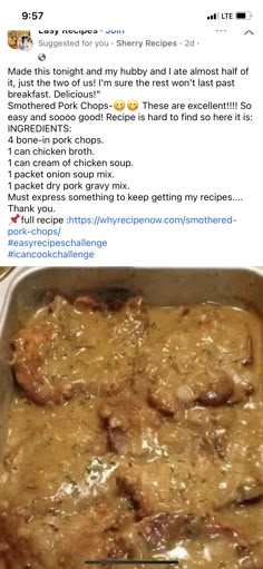 a pan filled with meat covered in gravy next to a tweet