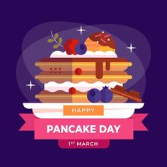 happy pancake day card with cake and blueberries on it in flat design style