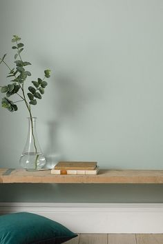 a vase filled with green leaves sitting on top of a wooden shelf next to a pillow